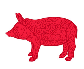 Colored pig on white. Zentangle. Hand drawn animal with intricate patterns on isolated background. Design for spiritual relaxation for adults. Print for banners, t-shirts and textiles. Zen art