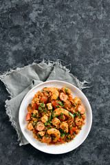 Creole jambalaya with chicken, smoked sausages and vegetables