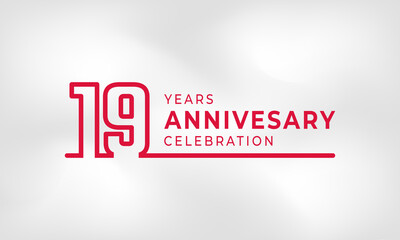 19 Year Anniversary Celebration Linked Logotype Outline Number Red Color for Celebration Event, Wedding, Greeting card, and Invitation Isolated on White Texture Background