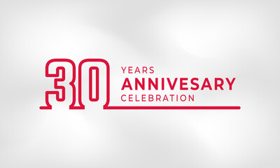30 Year Anniversary Celebration Linked Logotype Outline Number Red Color for Celebration Event, Wedding, Greeting card, and Invitation Isolated on White Texture Background