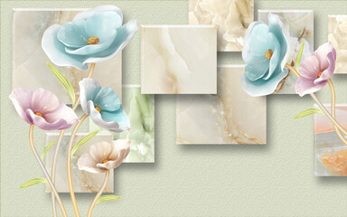 3d wallpaper colorful jewelry flowers on colored marble squares background for home decor