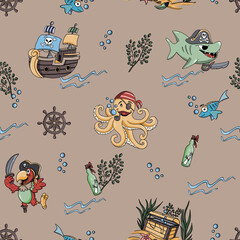 Seamless pattern fabric for kids - cute pirate. Texture background. Bezszwowy dziecinny wzór piracki - obrazy, fototapety, plakaty