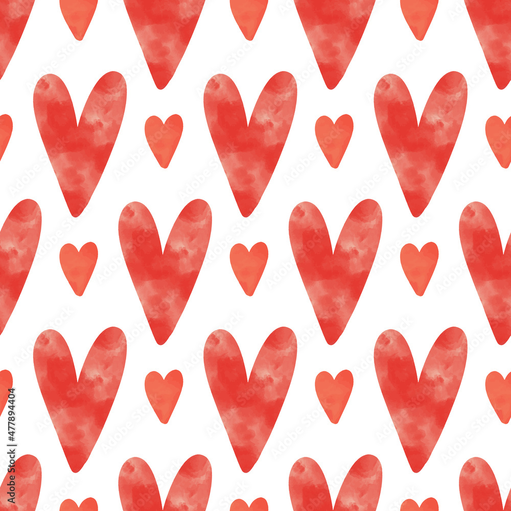 Wall mural seamless pattern background with red watercolor smoke textured vector heart doodles on white backdro