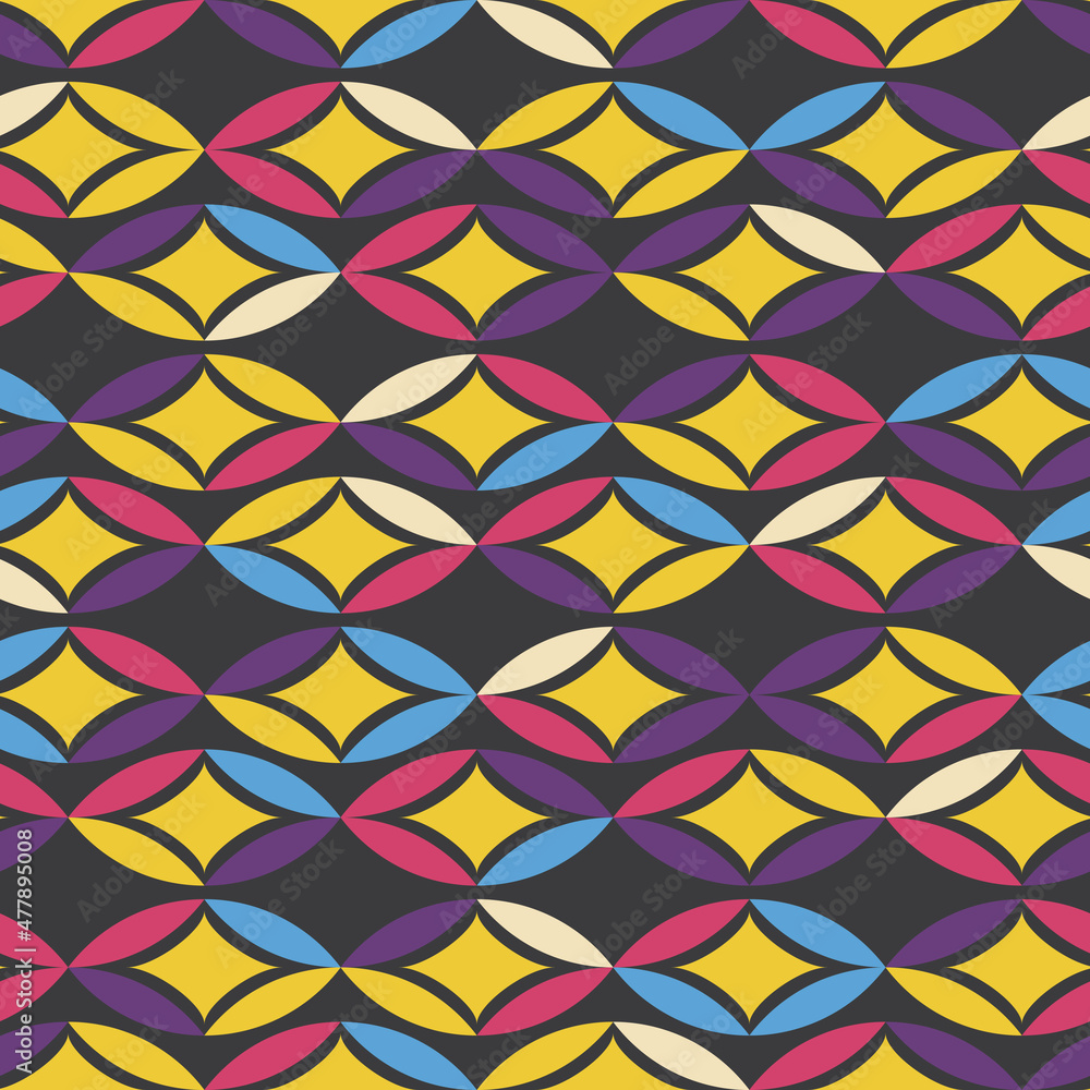 Poster Abstract shape decor of rounded shapes and a four-pointed yellow center. Vector seamless.
