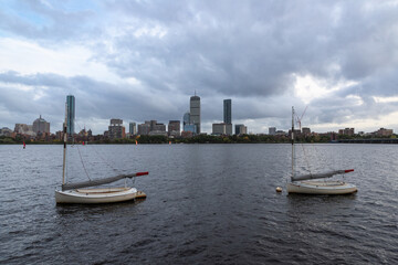 Sailboats on the Charles River in front of the Boston Skyline