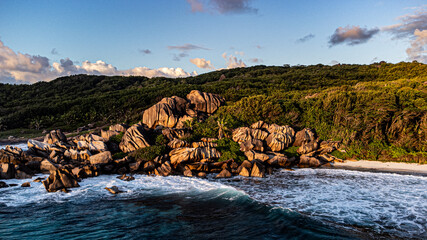 Tropical Beach, Rocks, Seychelles, La Digue, Grand Anse, Sunset, Drone