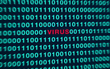 Internet security concept for virus, the word virus in red in center of binary codes