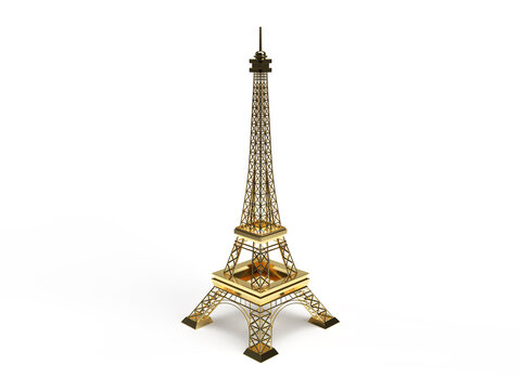 3d render, eiffel tower gold on a white background with shadow