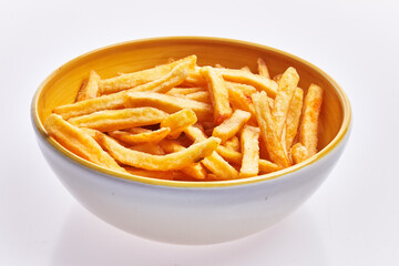  Bowl of french fried potatoes isolated over white background