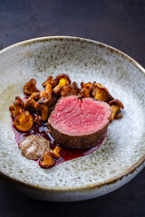 Modern style traditional barbecue dry aged angus beef tenderloin steak natural with chanterelle mousse parfait and wild cherry relish cream served as close-up in a Nordic design plate