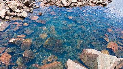 rocks seen from the clear water of the river