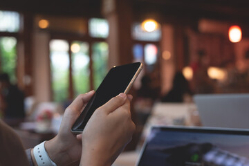 Woman using mobile phone and working in coffee shop