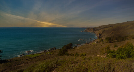 Coastline view at sunset on the Pacific Ocean