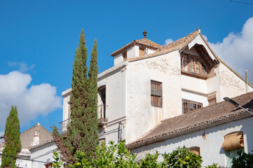A typical street in old city Estepona with colorful flower pots. Estepona, Andalusia, Spain
