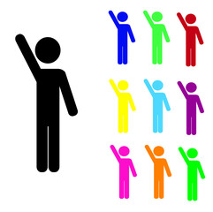 human figure pictogram, stick man standing with his hand raised up, a set of multicolored people isolated on a white background