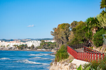 View of sandy beach by the sea or ocean with palm trees under blue sky.