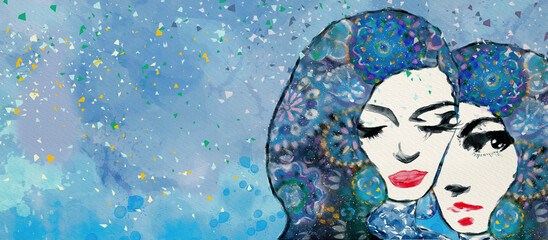Fashion sisters background. Watercolor design element.
