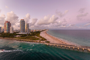 Beautiful view of sun down at South Pointe Beach, Miami, FL