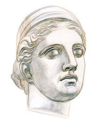 Antique plaster head Diana. Academic freehand pencil drawing