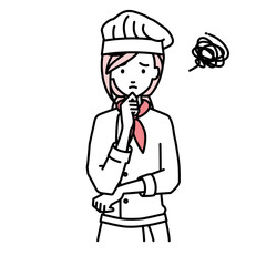 立って手をあごにあてて困っている調理師の女性