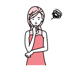 立って手をあごにあてて困っているドレスの女性