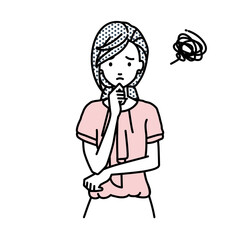 立って手をあごにあてて困っているオフィスカジュアルの女性