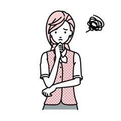 立って手をあごにあてて困っている事務員制服の女性