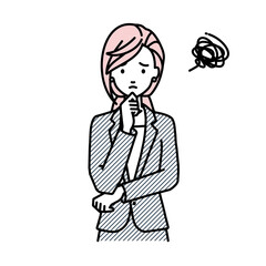 立って手をあごにあてて困っているスーツの女性