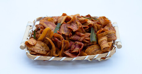 Banana slice chips on white background.