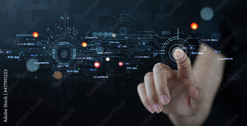 Aufkleber digital transformation, iot, internet of things, software technology development concept. person tou