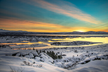 Sunrise over Rift Valley Lake (Pingvallavatn) in Thingvellir National Park Iceland.