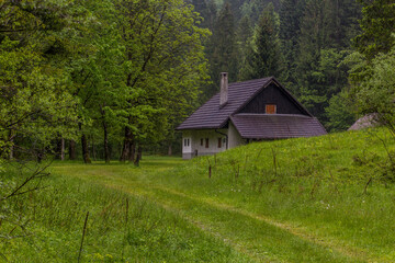 Fototapeta na wymiar House in Soca river valley near Bovec village, Slovenia