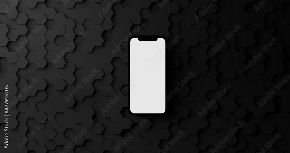 Poster floating phone with white blank screen with copy space to add your image,text or ad,over a hexagonal