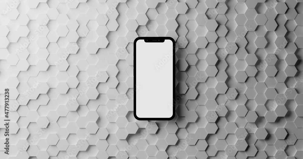 Poster floating phone with white blank screen with copy space to add your image,text or ad,over a hexagonal