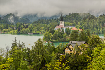 View of Bled lake with the Pilgrimage Church of the Assumption of Maria, Slovenia