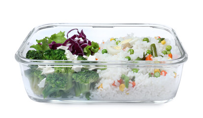 Tasty rice with boiled egg and vegetables in glass container isolated on white