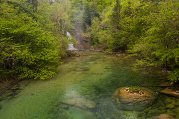 Slap Sum waterfall in Vintgar gorge near Bled, Slovenia