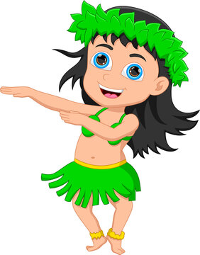 Cute cartoon girl dancing Hula Hawaiian 