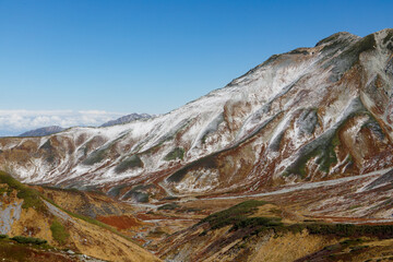 北アルプス紅葉に初冠雪の室堂