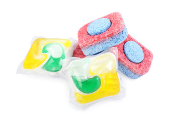 Dishwasher detergent pods and tablets on white background