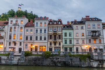 Fototapeta na wymiar LJUBLJANA, SLOVENIA - MAY 13, 2019: Riverside in Ljubljana, Slovenia