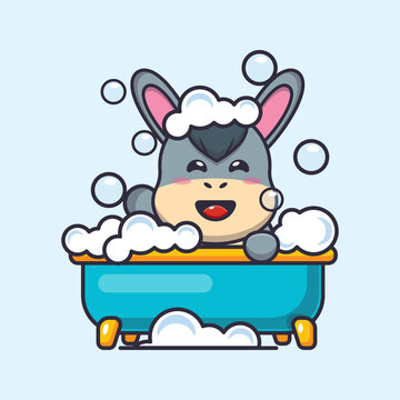 Cute donkey taking bubble bath in bathtub. Cute cartoon animal illustration.