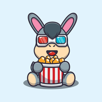 Cute donkey eating popcorn and watch 3d movie. Cute cartoon animal illustration.
