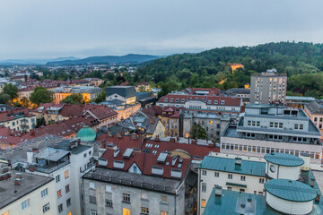 Evening aerial view of Ljubljana, Slovenia