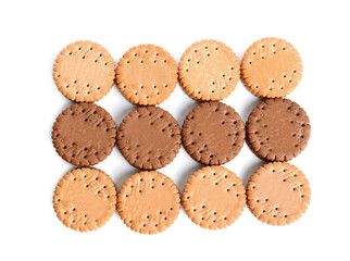 Different tasty sandwich cookies on white background, top view