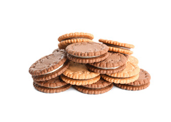 Different tasty sandwich cookies on white background