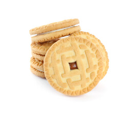 Tasty sweet sandwich cookies on white background