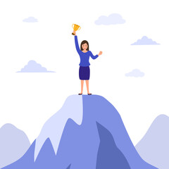 Success businesswoman standing on the top of mountain in flat design. Business goal achievement. Career successful.