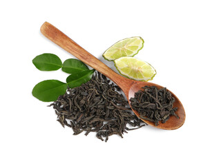 Fototapeta premium Dry bergamot tea leaves, wooden spoon and fresh fruit on white background, top view