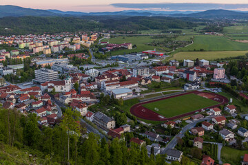 Fototapeta premium Sunset aerial view of Postojna town, Slovenia